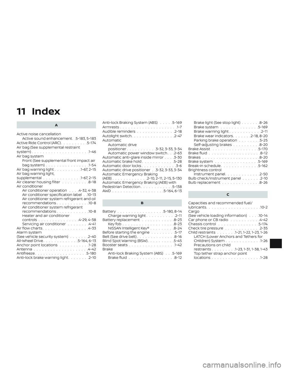 NISSAN ALTIMA 2020  Owner´s Manual 11 Index
A
Active noise cancellation Active sound enhancement. .5-183, 5-183
ActiveRideControl(ARC)..........5-174
Air bag (See supplemental restraint
system) .................... .1-46
Air bag system