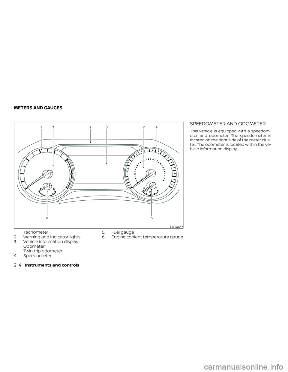 NISSAN ALTIMA 2020  Owner´s Manual 1. Tachometer
2. Warning and indicator lights
3. Vehicle information displayOdometer
Twin trip odometer
4. Speedometer 5. Fuel gauge
6. Engine coolant temperature gauge
SPEEDOMETER AND ODOMETER
This v