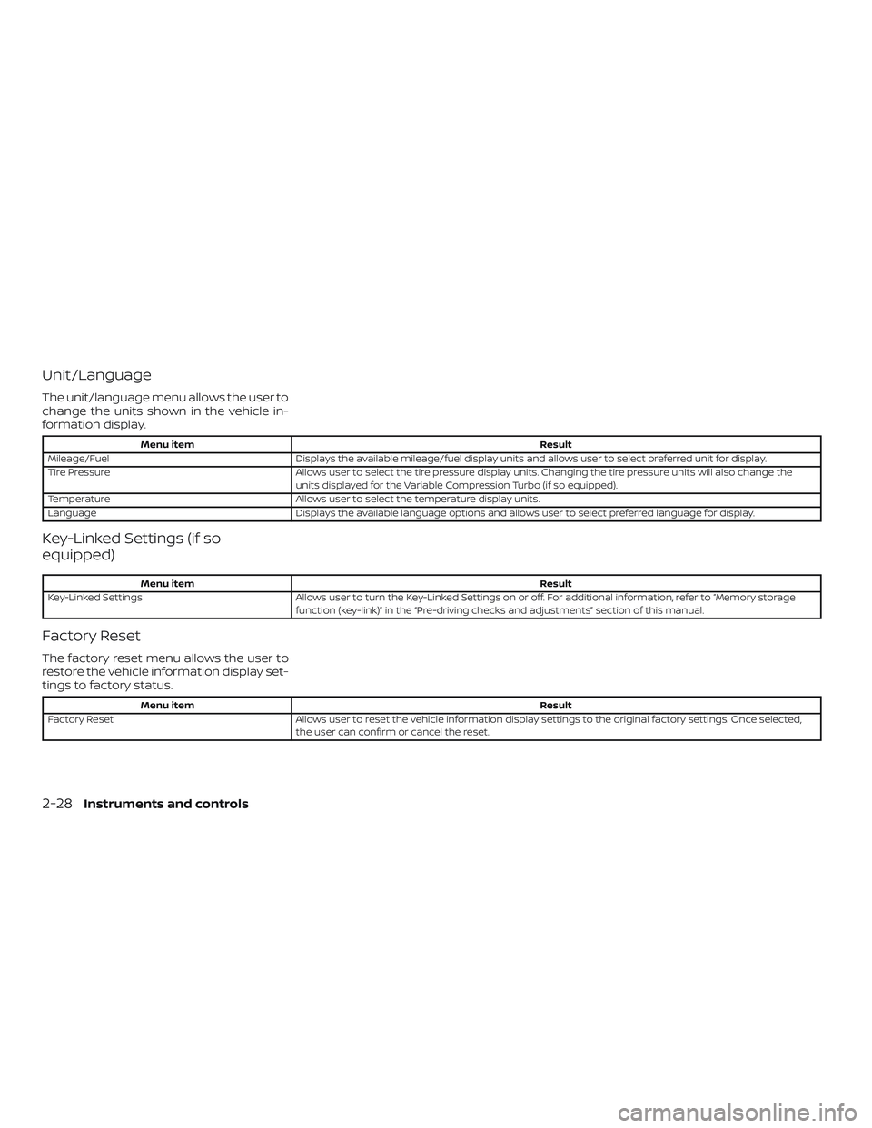 NISSAN ALTIMA 2019  Owner´s Manual Unit/Language
The unit/language menu allows the user to
change the units shown in the vehicle in-
formation display.
Menu itemResult
Mileage/Fuel Displays the available mileage/fuel display units and 