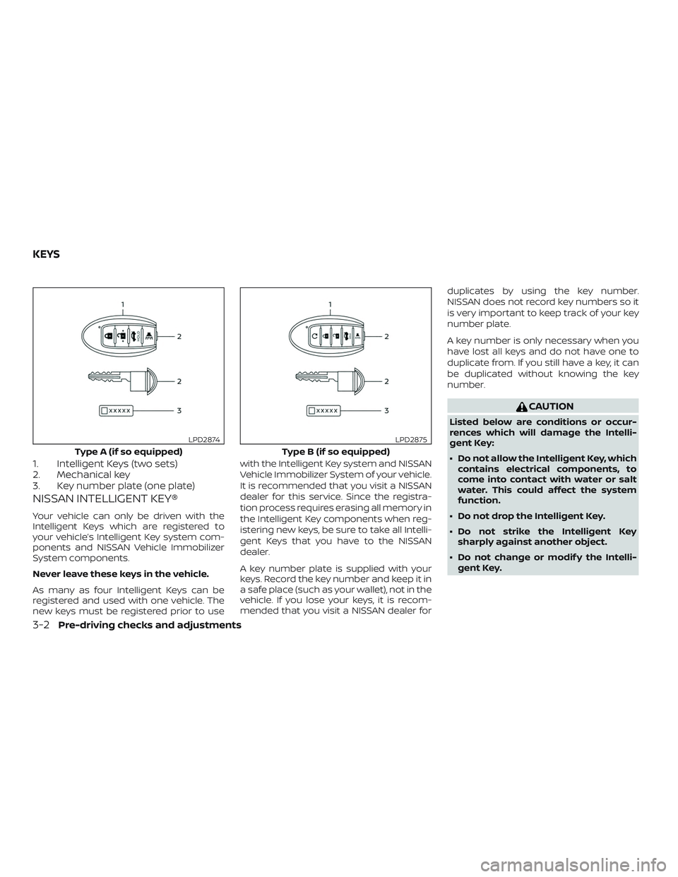 NISSAN ALTIMA 2019  Owner´s Manual 1. Intelligent Keys (two sets)
2. Mechanical key
3. Key number plate (one plate)
NISSAN INTELLIGENT KEY®
Your vehicle can only be driven with the
Intelligent Keys which are registered to
your vehicle