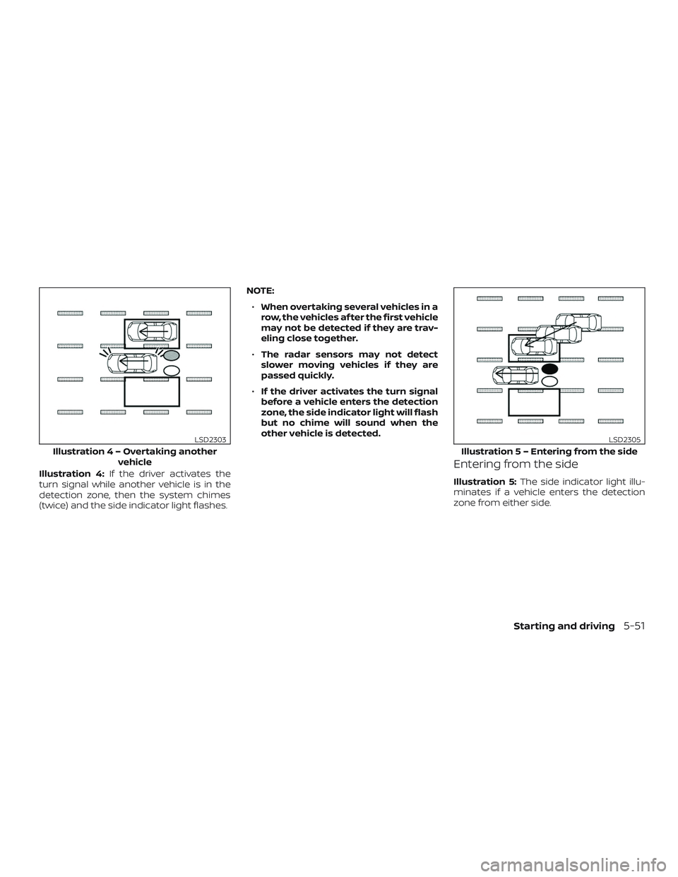 NISSAN ALTIMA 2019 Owner´s Manual Illustration 4:If the driver activates the
turn signal while another vehicle is in the
detection zone, then the system chimes
(twice) and the side indicator light flashes. NOTE:
∙ When overtaking se NISSAN ALTIMA 2019 Owner´s Manual Illustration 4:If the driver activates the
turn signal while another vehicle is in the
detection zone, then the system chimes
(twice) and the side indicator light flashes. NOTE:
∙ When overtaking se