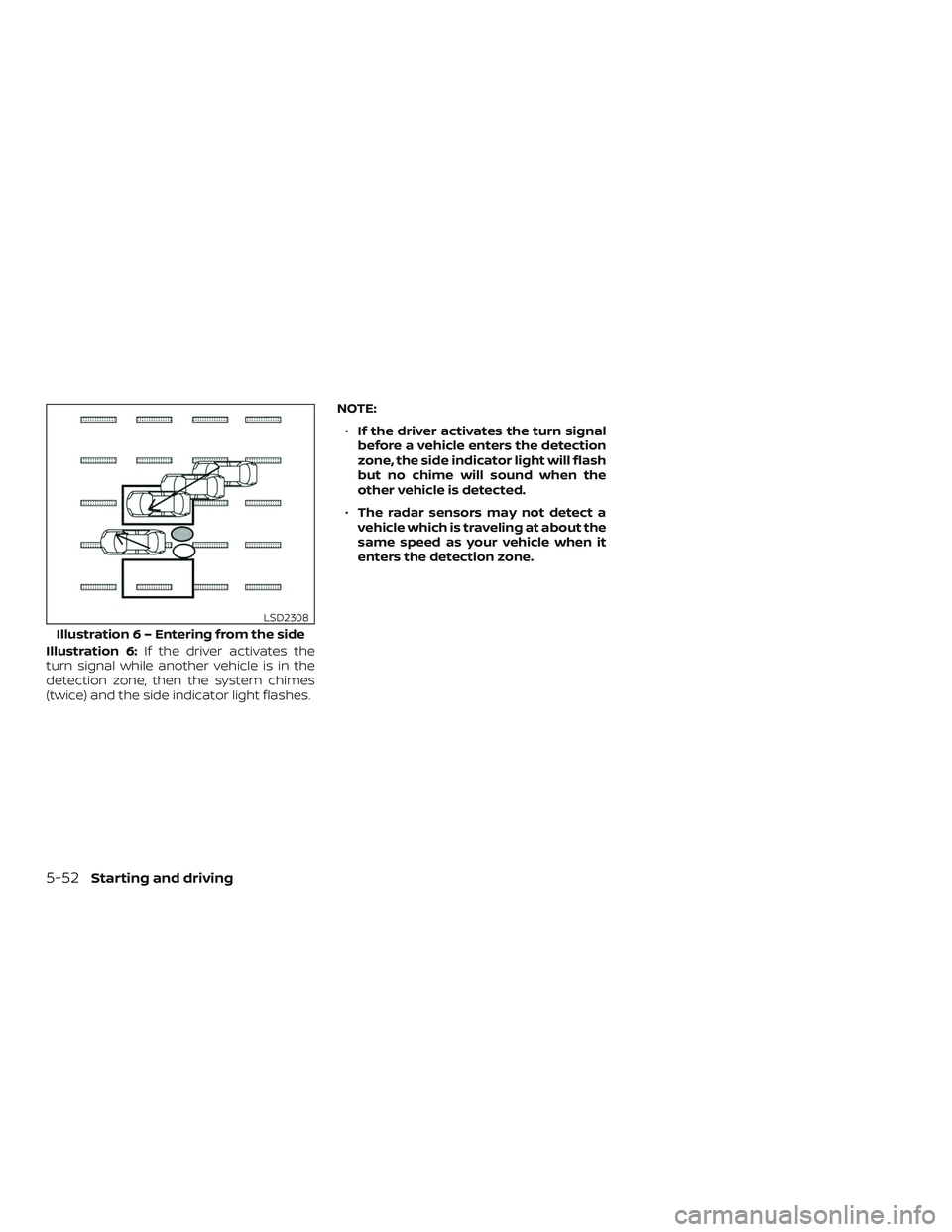 NISSAN ALTIMA 2019 Owner´s Manual Illustration 6:If the driver activates the
turn signal while another vehicle is in the
detection zone, then the system chimes
(twice) and the side indicator light flashes. NOTE:
∙ If the driver acti NISSAN ALTIMA 2019 Owner´s Manual Illustration 6:If the driver activates the
turn signal while another vehicle is in the
detection zone, then the system chimes
(twice) and the side indicator light flashes. NOTE:
∙ If the driver acti