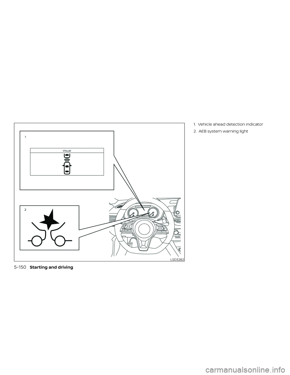 NISSAN ALTIMA 2019  Owner´s Manual 1. Vehicle ahead detection indicator
2. AEB system warning light
LSD3282
5-150Starting and driving 