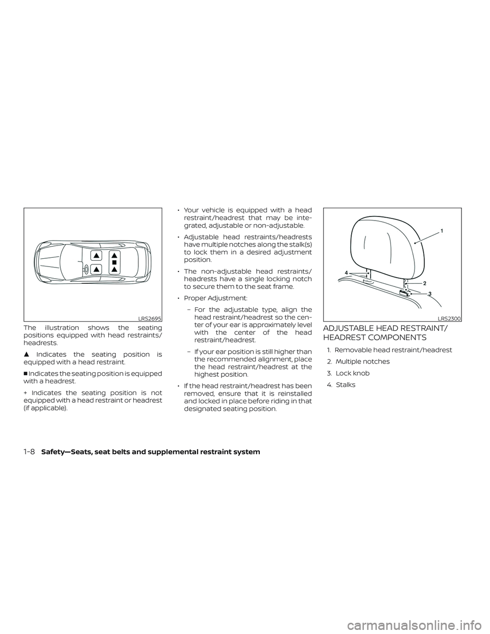 NISSAN ALTIMA 2019  Owner´s Manual The illustration shows the seating
positions equipped with head restraints/
headrests.
Indicates the seating position is
equipped with a head restraint.
 Indicates the seating position is equipped
w