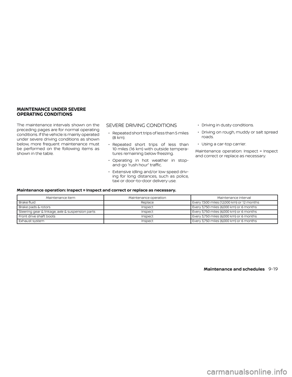 NISSAN ALTIMA 2019 Owner´s Manual The maintenance intervals shown on the
preceding pages are for normal operating
conditions. If the vehicle is mainly operated
under severe driving conditions as shown
below, more frequent maintenance NISSAN ALTIMA 2019 Owner´s Manual The maintenance intervals shown on the
preceding pages are for normal operating
conditions. If the vehicle is mainly operated
under severe driving conditions as shown
below, more frequent maintenance