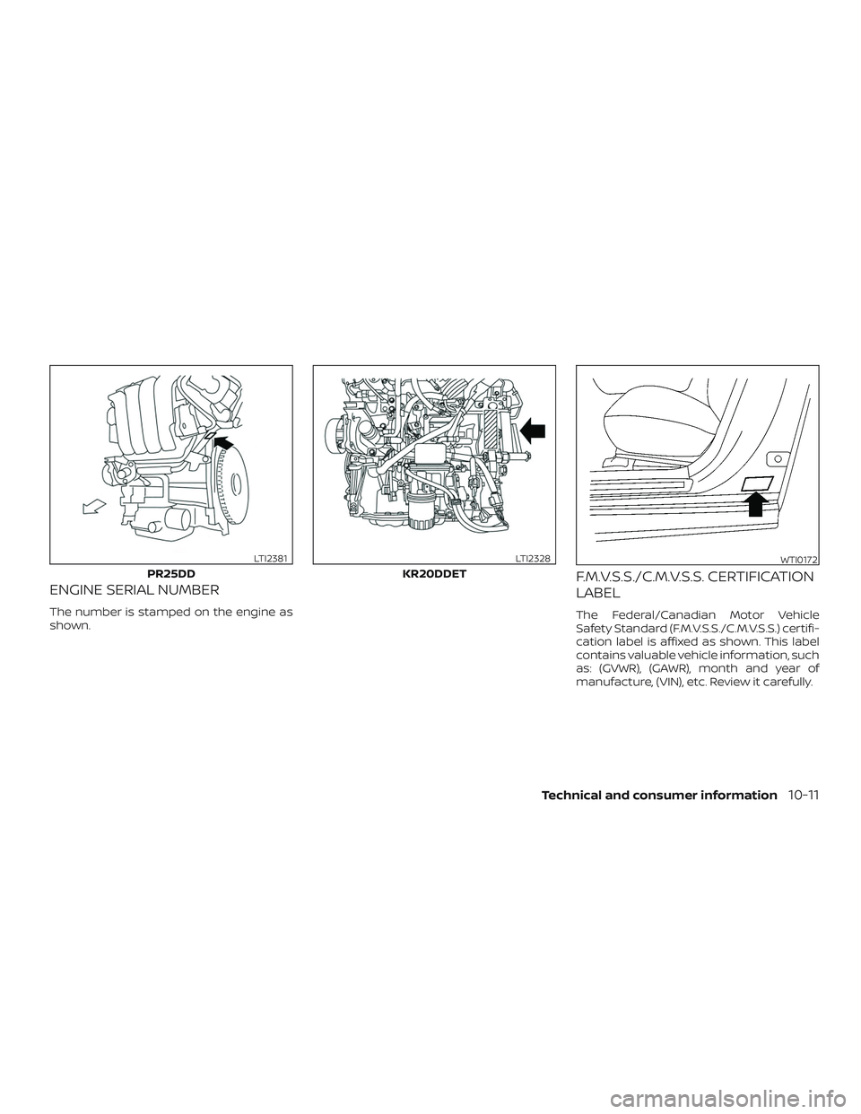 NISSAN ALTIMA 2019  Owner´s Manual ENGINE SERIAL NUMBER
The number is stamped on the engine as
shown.
F.M.V.S.S./C.M.V.S.S. CERTIFICATION
LABEL
The Federal/Canadian Motor Vehicle
Safety Standard (F.M.V.S.S./C.M.V.S.S.) certifi-
cation 