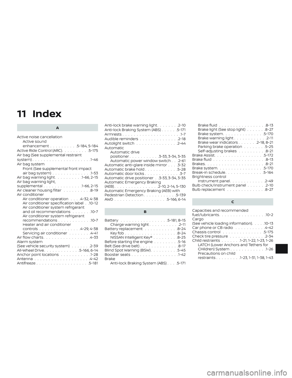 NISSAN ALTIMA 2019 Owner´s Manual 11 Index
A
Active noise cancellation Active sound
enhancement ..........5-184,5-184
ActiveRideControl(ARC)..........5-175
Air bag (See supplemental restraint
system) .................... .1-46
Air bag NISSAN ALTIMA 2019 Owner´s Manual 11 Index
A
Active noise cancellation Active sound
enhancement ..........5-184,5-184
ActiveRideControl(ARC)..........5-175
Air bag (See supplemental restraint
system) .................... .1-46
Air bag