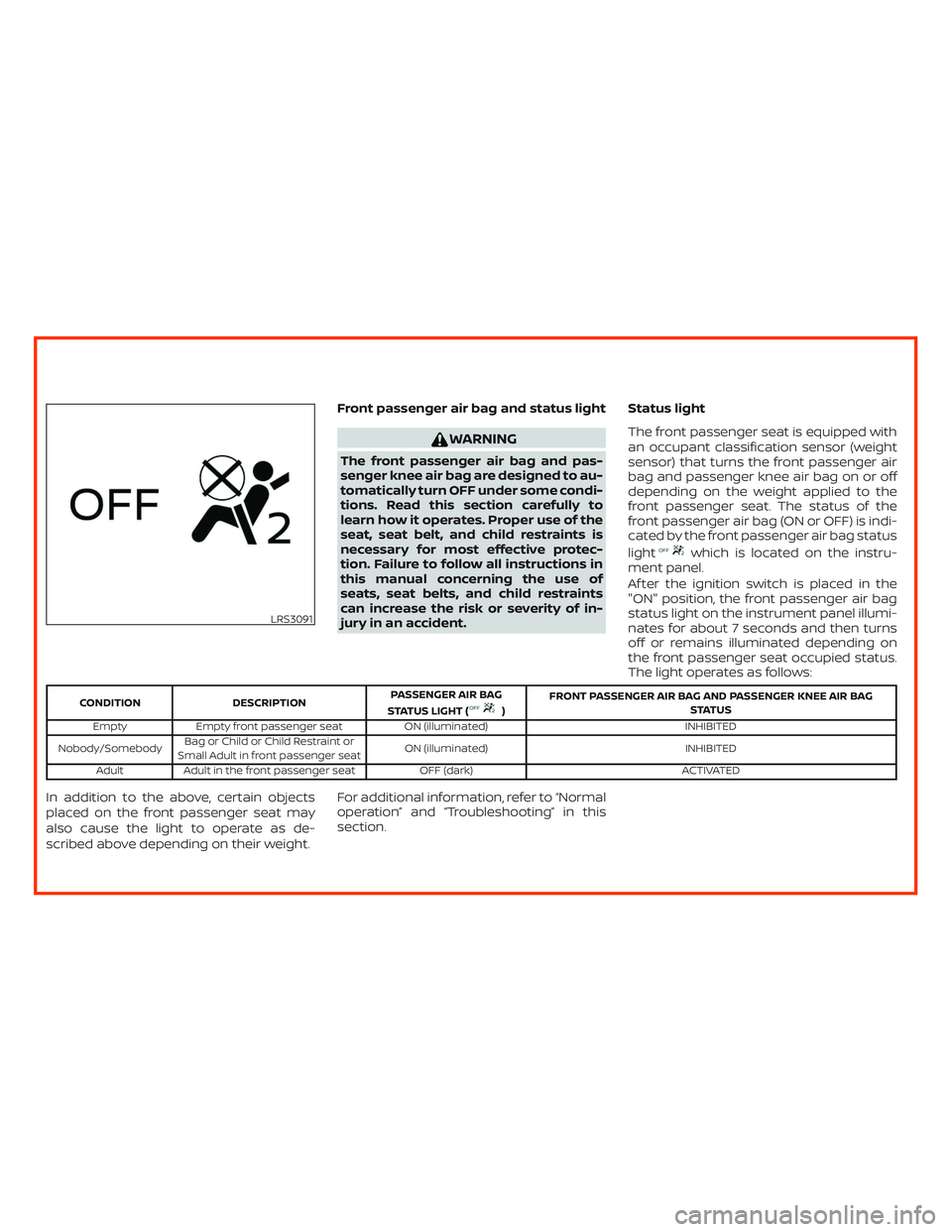 NISSAN ALTIMA 2019 Owner´s Manual Front passenger air bag and status light
WARNING
The front passenger air bag and pas-
senger knee air bag are designed to au-
tomatically turn OFF under some condi-
tions. Read this section carefully NISSAN ALTIMA 2019 Owner´s Manual Front passenger air bag and status light
WARNING
The front passenger air bag and pas-
senger knee air bag are designed to au-
tomatically turn OFF under some condi-
tions. Read this section carefully