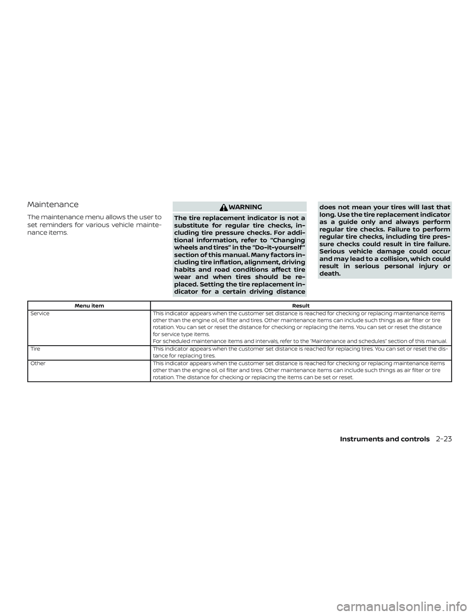 NISSAN ALTIMA 2018 Owner´s Manual Maintenance
The maintenance menu allows the user to
set reminders for various vehicle mainte-
nance items.
WARNING
The tire replacement indicator is not a
substitute for regular tire checks, in-
cludi NISSAN ALTIMA 2018 Owner´s Manual Maintenance
The maintenance menu allows the user to
set reminders for various vehicle mainte-
nance items.
WARNING
The tire replacement indicator is not a
substitute for regular tire checks, in-
cludi