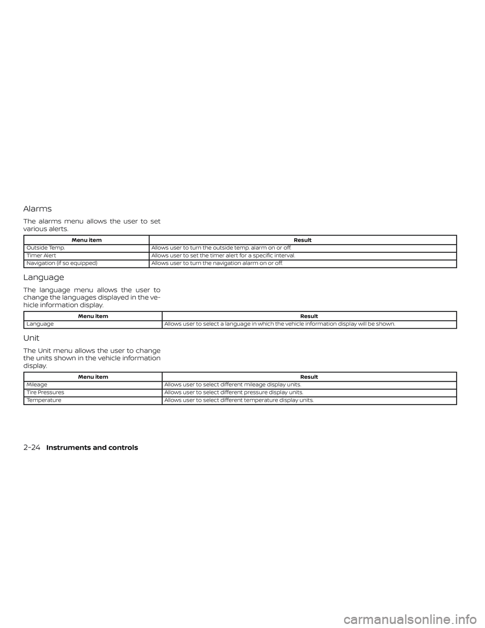 NISSAN ALTIMA 2018  Owner´s Manual Alarms
The alarms menu allows the user to set
various alerts.
Menu itemResult
Outside Temp. Allows user to turn the outside temp. alarm on or off.
Timer Alert Allows user to set the timer alert for a 
