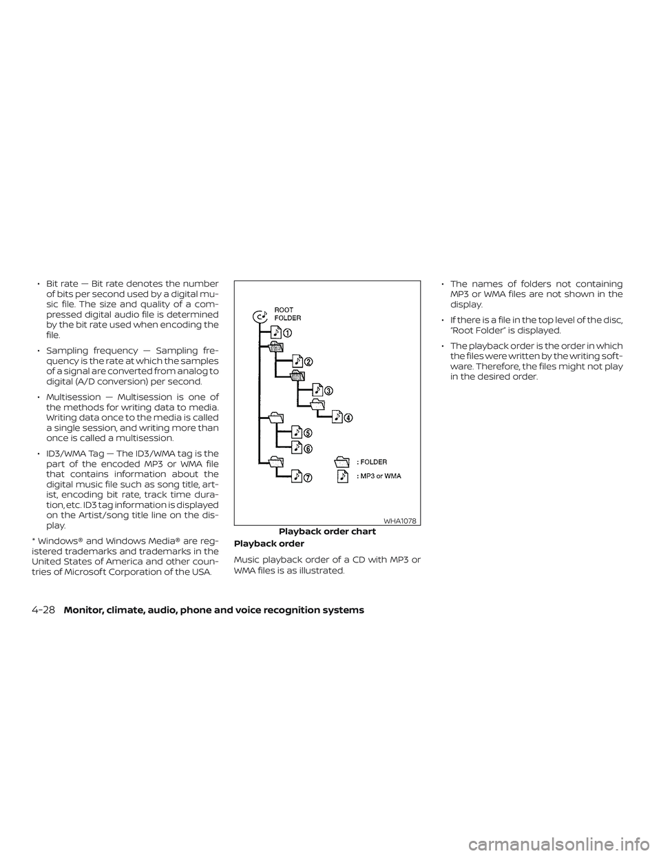 NISSAN ALTIMA 2018 Owner´s Manual ∙ Bit rate — Bit rate denotes the numberof bits per second used by a digital mu-
sic file. The size and quality of a com-
pressed digital audio file is determined
by the bit rate used when encodin NISSAN ALTIMA 2018 Owner´s Manual ∙ Bit rate — Bit rate denotes the numberof bits per second used by a digital mu-
sic file. The size and quality of a com-
pressed digital audio file is determined
by the bit rate used when encodin
