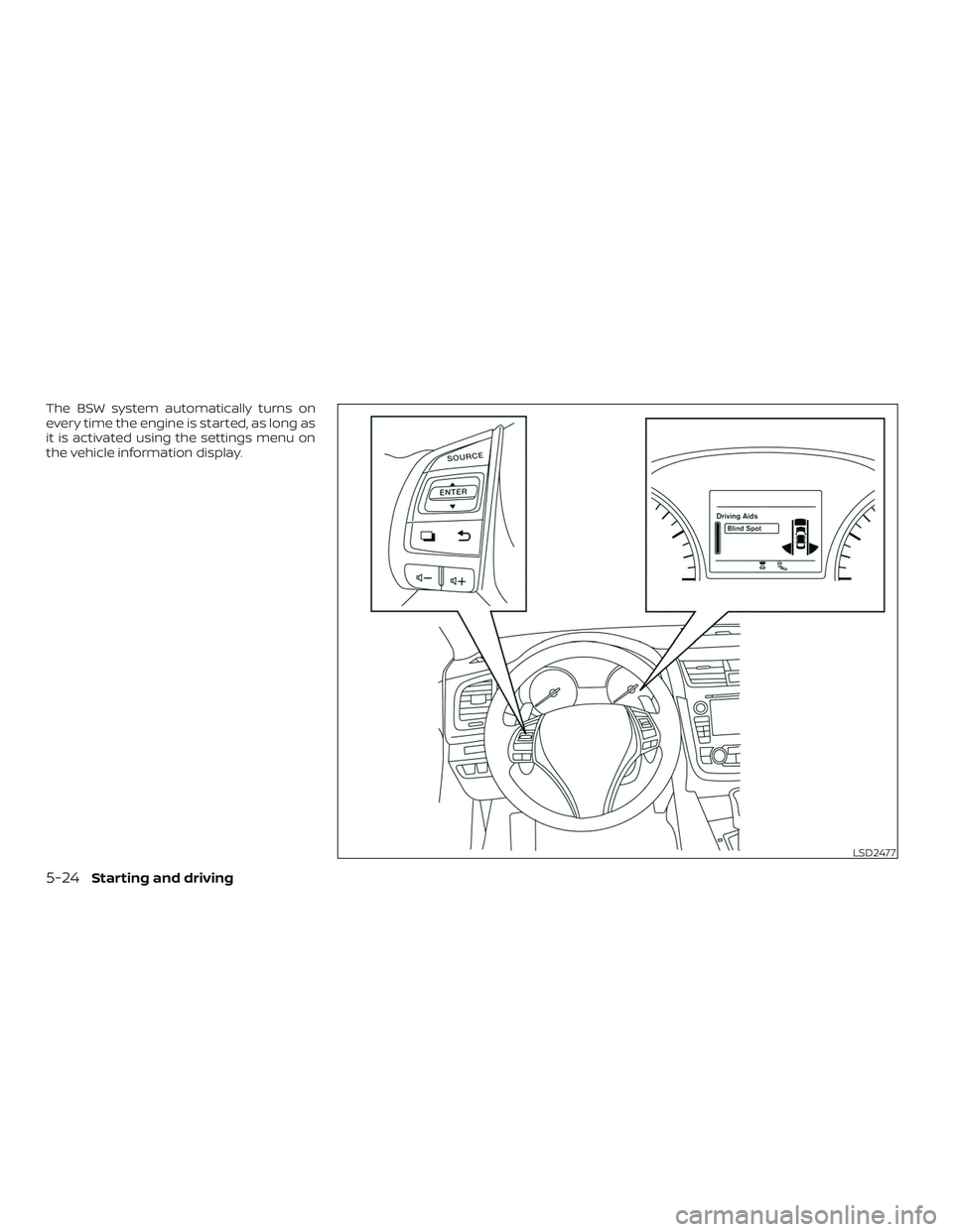 NISSAN ALTIMA 2018 Owner´s Manual The BSW system automatically turns on
every time the engine is started, as long as
it is activated using the settings menu on
the vehicle information display.
LSD2477
5-24Starting and driving NISSAN ALTIMA 2018 Owner´s Manual The BSW system automatically turns on
every time the engine is started, as long as
it is activated using the settings menu on
the vehicle information display.
LSD2477
5-24Starting and driving