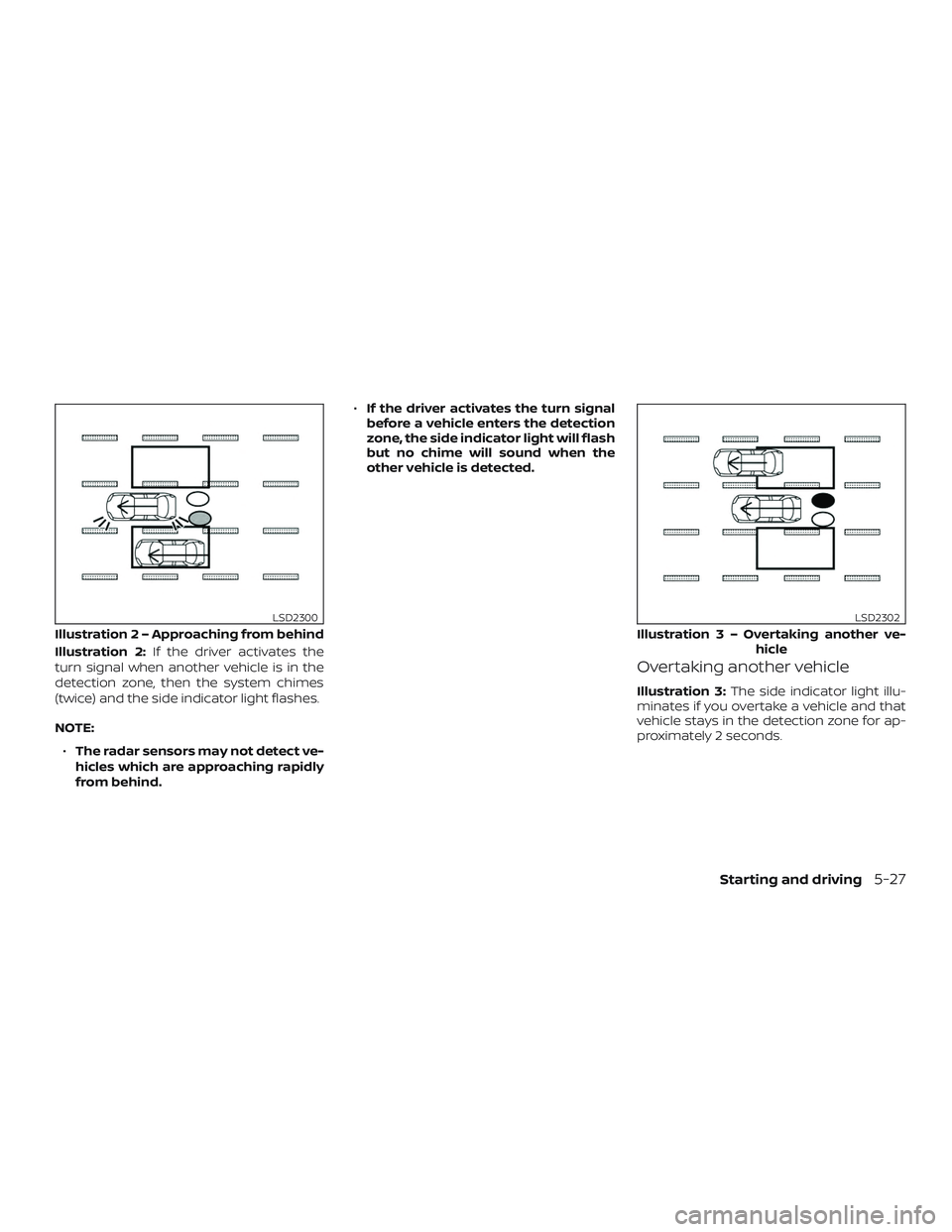 NISSAN ALTIMA 2018  Owner´s Manual Illustration 2:If the driver activates the
turn signal when another vehicle is in the
detection zone, then the system chimes
(twice) and the side indicator light flashes.
NOTE:
∙ The radar sensors m