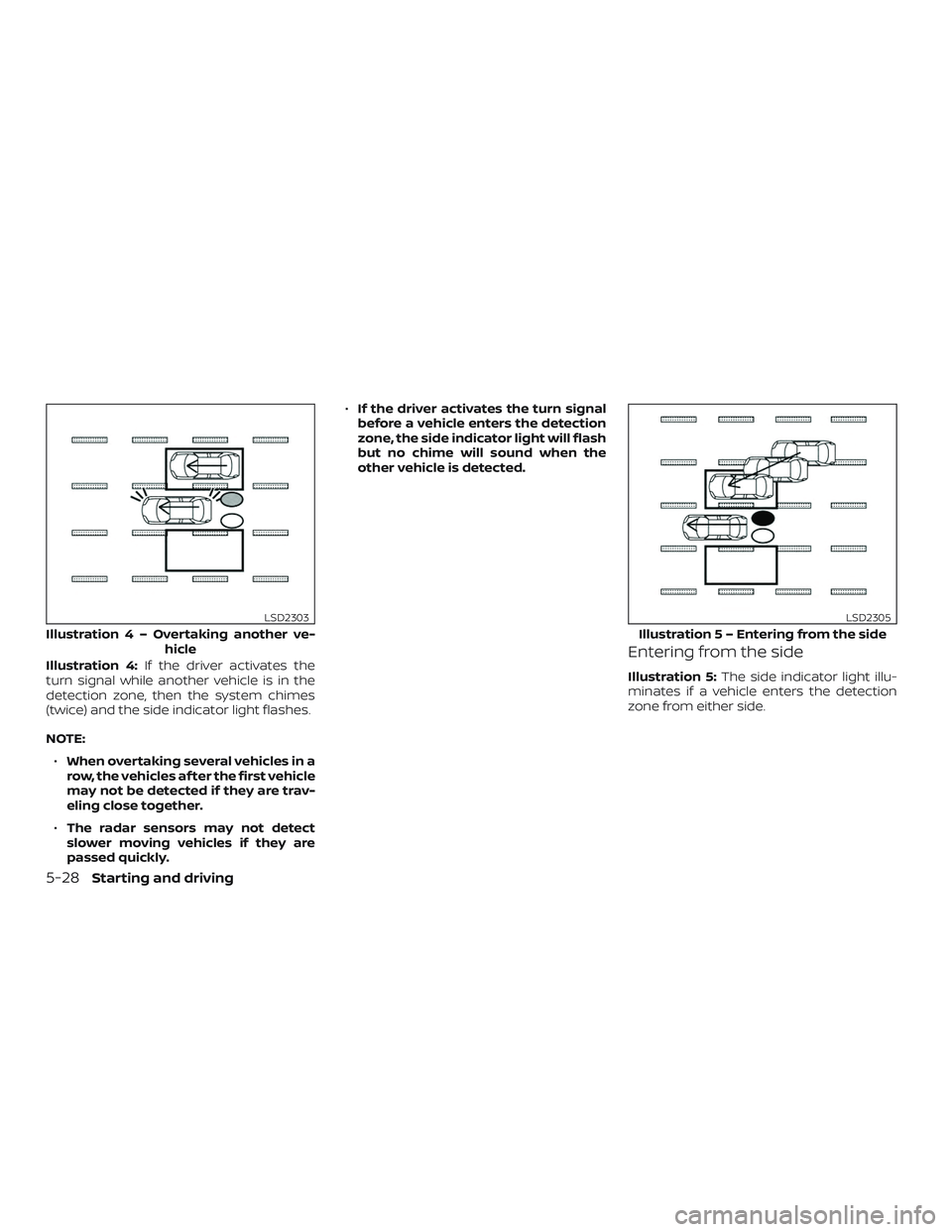 NISSAN ALTIMA 2018  Owner´s Manual Illustration 4:If the driver activates the
turn signal while another vehicle is in the
detection zone, then the system chimes
(twice) and the side indicator light flashes.
NOTE:
∙ When overtaking se