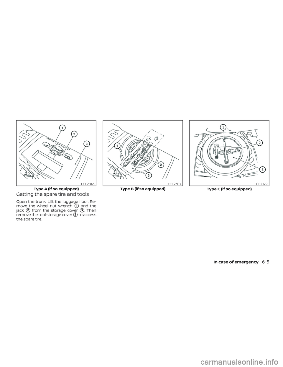NISSAN ALTIMA 2018  Owner´s Manual Getting the spare tire and tools
Open the trunk. Lif t the luggage floor. Re-
move the wheel nut wrench
1and the
jack
2from the storage cover3. Then
remove the tool storage cover
3to access
the sp
