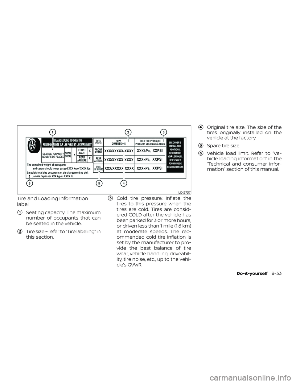 NISSAN ALTIMA 2018  Owner´s Manual Tire and Loading Information
label
1Seating capacity: The maximum
number of occupants that can
be seated in the vehicle.
2Tire size – refer to “Tire labeling” in
this section.
3Cold tire pres