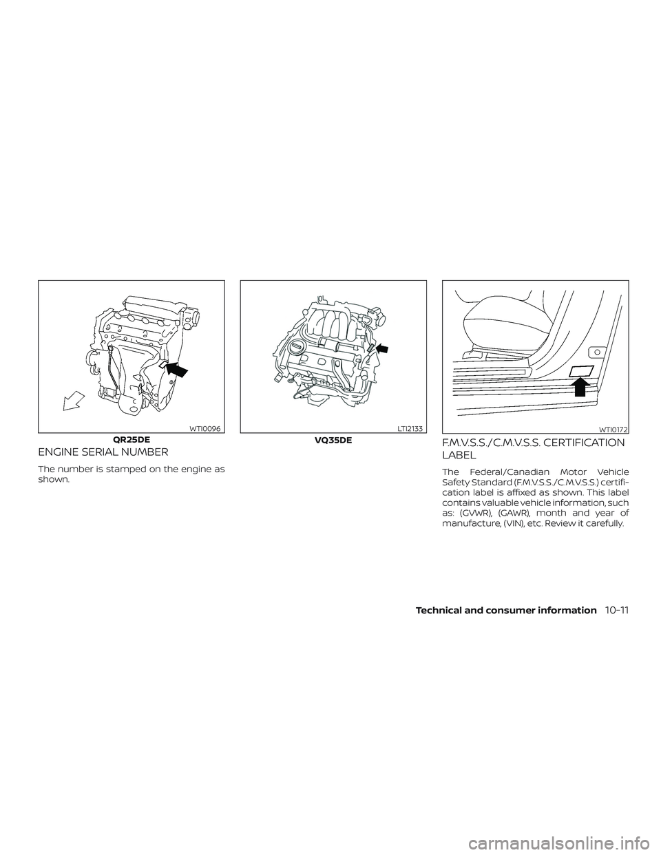 NISSAN ALTIMA 2018  Owner´s Manual ENGINE SERIAL NUMBER
The number is stamped on the engine as
shown.
F.M.V.S.S./C.M.V.S.S. CERTIFICATION
LABEL
The Federal/Canadian Motor Vehicle
Safety Standard (F.M.V.S.S./C.M.V.S.S.) certifi-
cation 