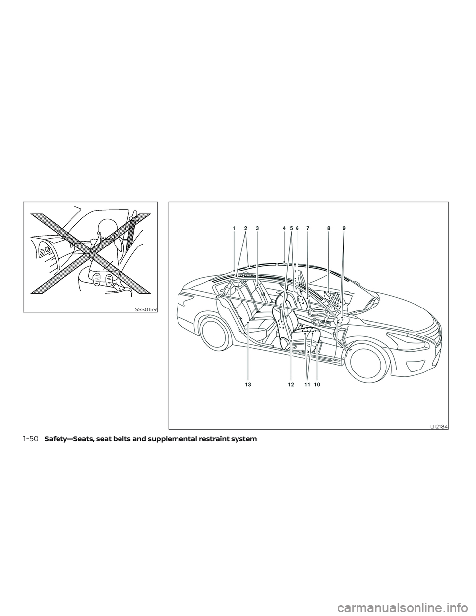NISSAN ALTIMA 2018 Owner´s Manual SSS0159
LII2184
1-50Safety—Seats, seat belts and supplemental restraint system NISSAN ALTIMA 2018 Owner´s Manual SSS0159
LII2184
1-50Safety—Seats, seat belts and supplemental restraint system