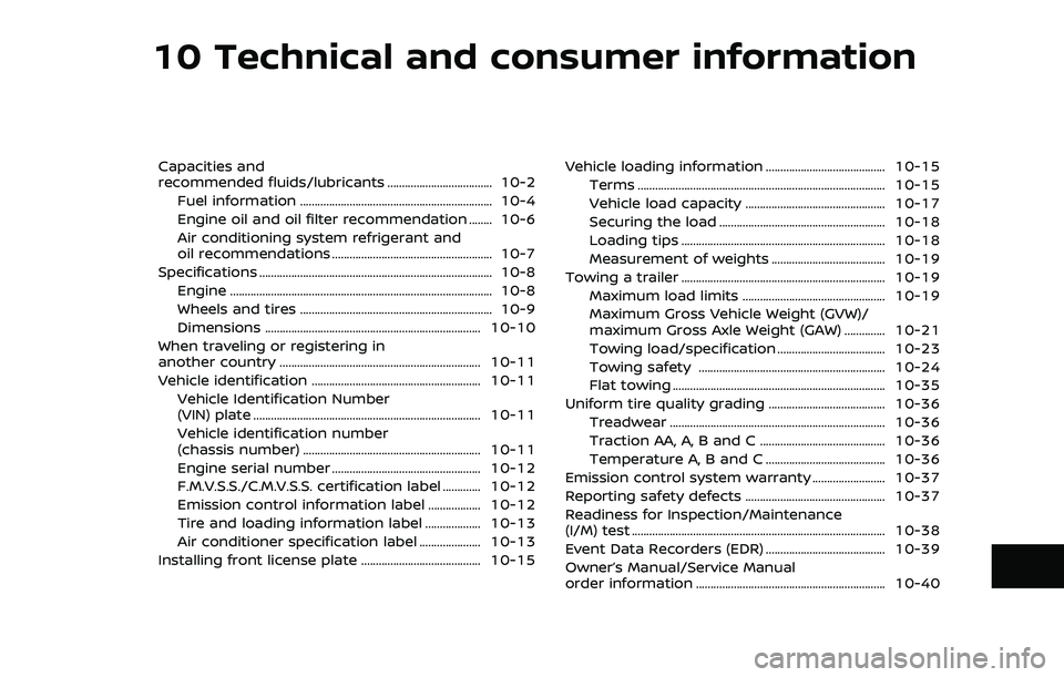 NISSAN ARMADA 2022  Owner´s Manual 10 Technical and consumer information
Capacities and
recommended fluids/lubricants .................................... 10-2Fuel information ...........................................................