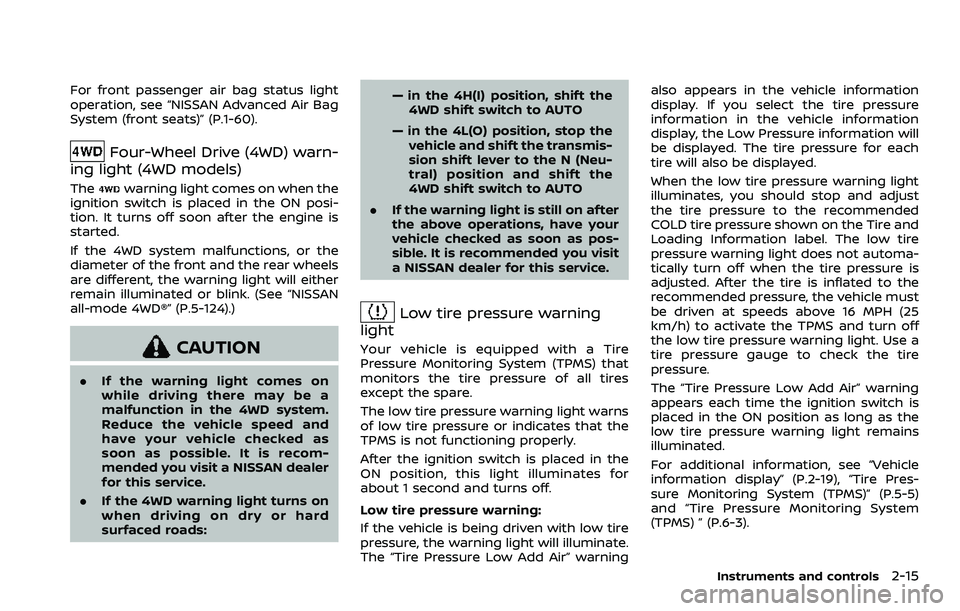 NISSAN ARMADA 2021 Owner´s Manual For front passenger air bag status light
operation, see “NISSAN Advanced Air Bag
System (front seats)” (P.1-60).
Four-Wheel Drive (4WD) warn-
ing light (4WD models)
Thewarning light comes on when NISSAN ARMADA 2021 Owner´s Manual For front passenger air bag status light
operation, see “NISSAN Advanced Air Bag
System (front seats)” (P.1-60).
Four-Wheel Drive (4WD) warn-
ing light (4WD models)
Thewarning light comes on when