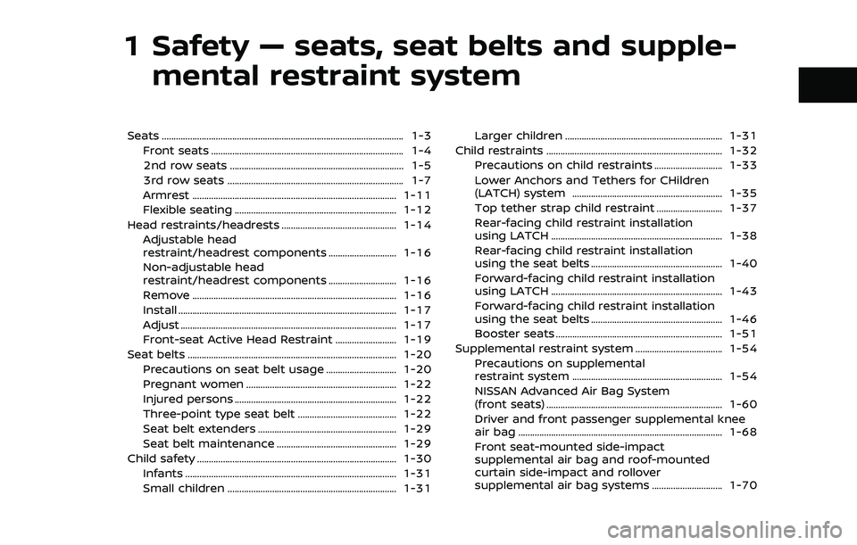 NISSAN ARMADA 2021  Owner´s Manual 1 Safety — seats, seat belts and supple-mental restraint system
Seats ........................................................................\
............................... 1-3
Front seats ......