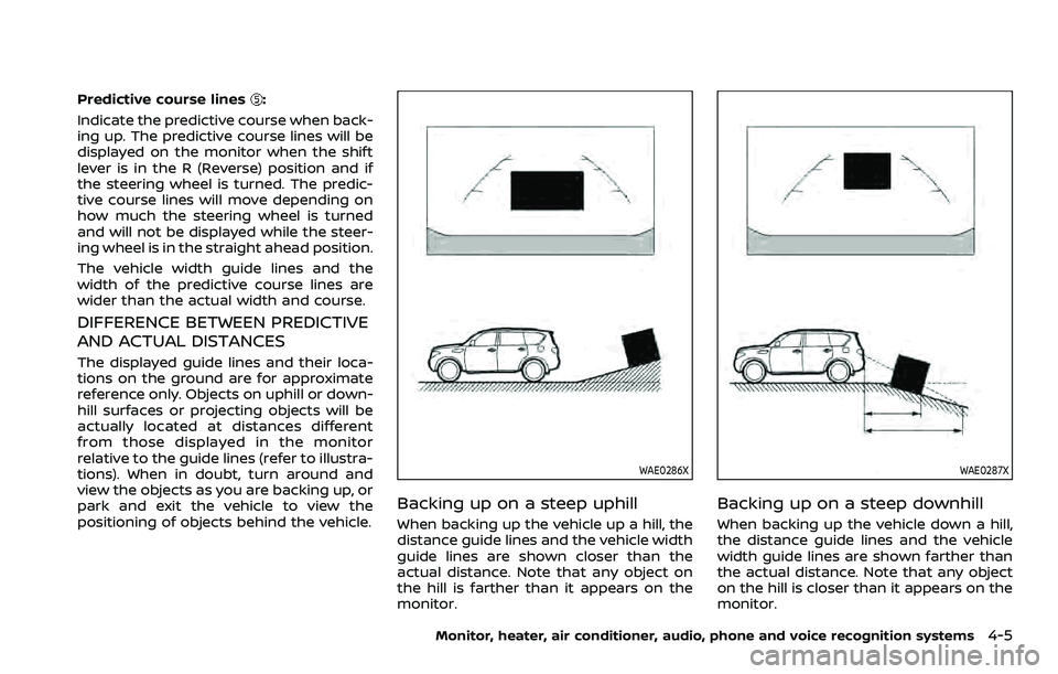 NISSAN ARMADA 2021 Owner´s Manual Predictive course lines:
Indicate the predictive course when back-
ing up. The predictive course lines will be
displayed on the monitor when the shift
lever is in the R (Reverse) position and if
the s NISSAN ARMADA 2021 Owner´s Manual Predictive course lines:
Indicate the predictive course when back-
ing up. The predictive course lines will be
displayed on the monitor when the shift
lever is in the R (Reverse) position and if
the s