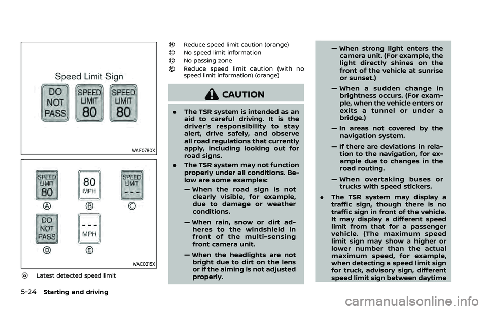 NISSAN ARMADA 2021 Owner´s Manual 5-24Starting and driving
WAF0780X
WAC0215X
Latest detected speed limit
Reduce speed limit caution (orange)No speed limit informationNo passing zoneReduce speed limit caution (with no
speed limit infor NISSAN ARMADA 2021 Owner´s Manual 5-24Starting and driving
WAF0780X
WAC0215X
Latest detected speed limit
Reduce speed limit caution (orange)No speed limit informationNo passing zoneReduce speed limit caution (with no
speed limit infor