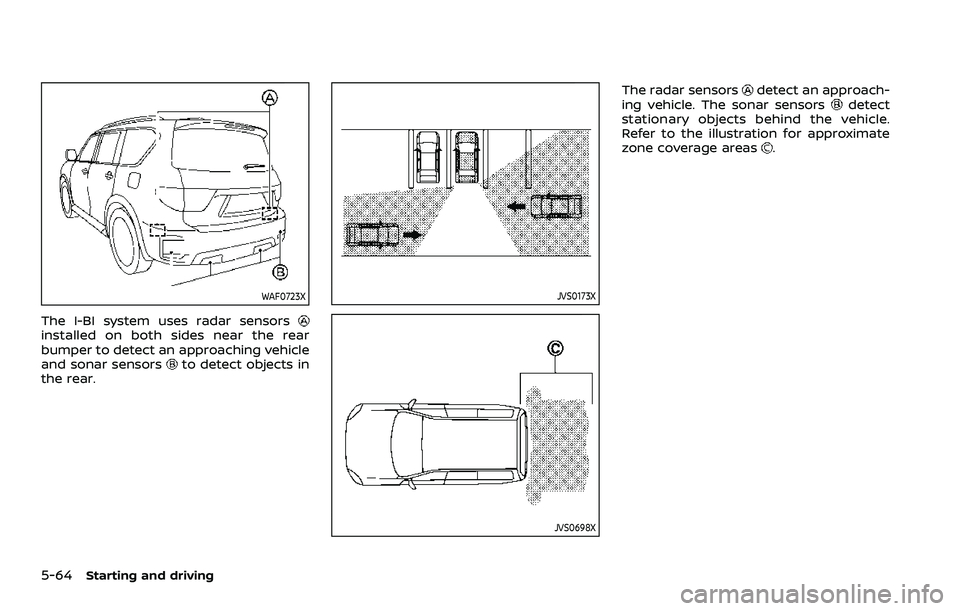 NISSAN ARMADA 2021 Owner´s Manual 5-64Starting and driving
WAF0723X
The I-BI system uses radar sensorsinstalled on both sides near the rear
bumper to detect an approaching vehicle
and sonar sensors
to detect objects in
the rear.
JVS01 NISSAN ARMADA 2021 Owner´s Manual 5-64Starting and driving
WAF0723X
The I-BI system uses radar sensorsinstalled on both sides near the rear
bumper to detect an approaching vehicle
and sonar sensors
to detect objects in
the rear.
JVS01