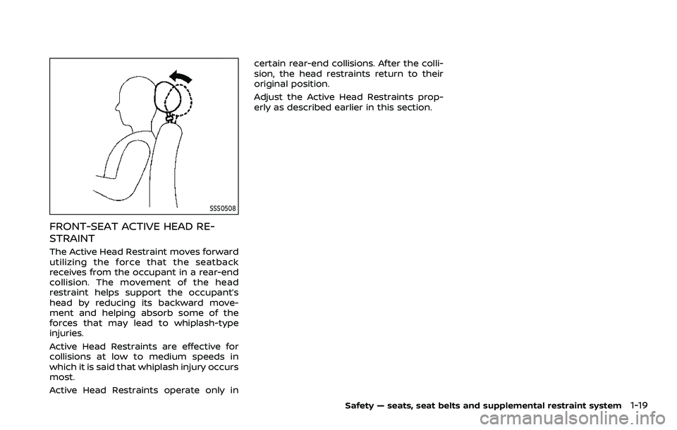 NISSAN ARMADA 2021  Owner´s Manual SSS0508
FRONT-SEAT ACTIVE HEAD RE-
STRAINT
The Active Head Restraint moves forward
utilizing the force that the seatback
receives from the occupant in a rear-end
collision. The movement of the head
re