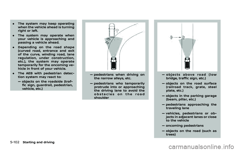 NISSAN ARMADA 2021 Owner´s Manual 5-102Starting and driving
.The system may keep operating
when the vehicle ahead is turning
right or left.
. The system may operate when
your vehicle is approaching and
passing a vehicle ahead.
. Depen NISSAN ARMADA 2021 Owner´s Manual 5-102Starting and driving
.The system may keep operating
when the vehicle ahead is turning
right or left.
. The system may operate when
your vehicle is approaching and
passing a vehicle ahead.
. Depen