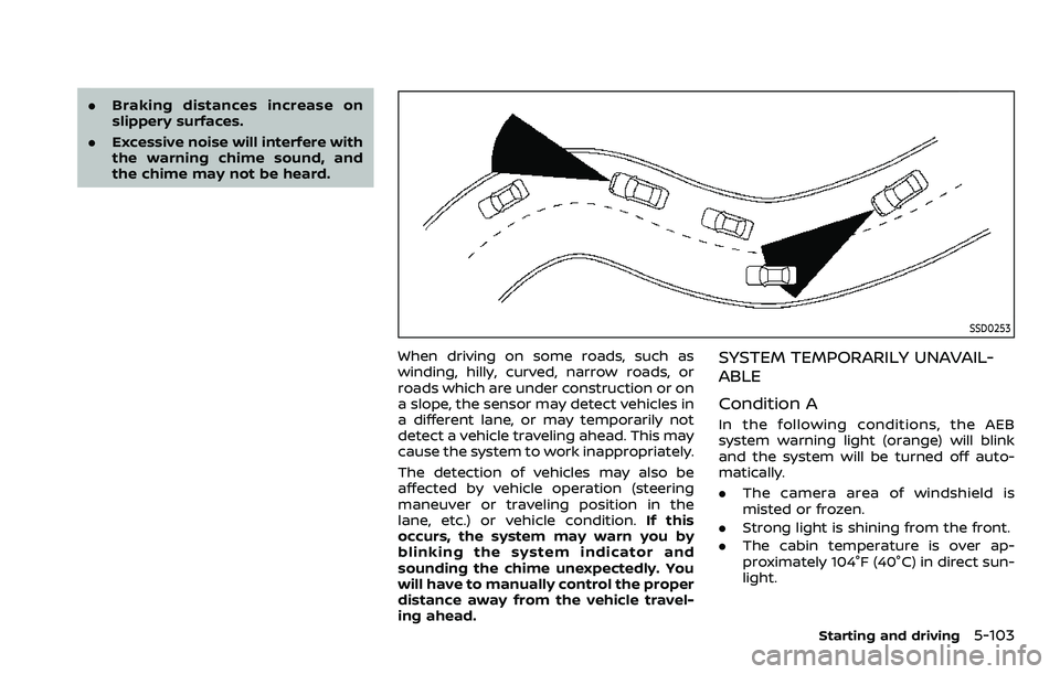 NISSAN ARMADA 2021 Owner´s Manual .Braking distances increase on
slippery surfaces.
. Excessive noise will interfere with
the warning chime sound, and
the chime may not be heard.
SSD0253
When driving on some roads, such as
winding, hi NISSAN ARMADA 2021 Owner´s Manual .Braking distances increase on
slippery surfaces.
. Excessive noise will interfere with
the warning chime sound, and
the chime may not be heard.
SSD0253
When driving on some roads, such as
winding, hi