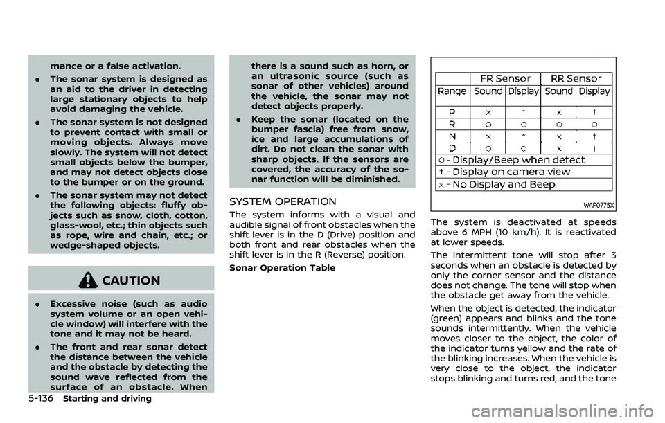 NISSAN ARMADA 2021  Owner´s Manual 5-136Starting and driving
mance or a false activation.
. The sonar system is designed as
an aid to the driver in detecting
large stationary objects to help
avoid damaging the vehicle.
. The sonar syst