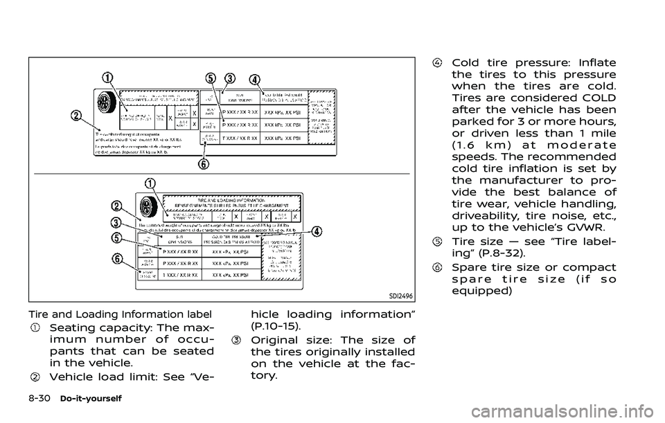 NISSAN ARMADA 2021 Owner´s Manual 8-30Do-it-yourself
SDI2496
Tire and Loading Information label
Seating capacity: The max-
imum number of occu-
pants that can be seated
in the vehicle.
Vehicle load limit: See “Ve-hicle loading infor NISSAN ARMADA 2021 Owner´s Manual 8-30Do-it-yourself
SDI2496
Tire and Loading Information label
Seating capacity: The max-
imum number of occu-
pants that can be seated
in the vehicle.
Vehicle load limit: See “Ve-hicle loading infor