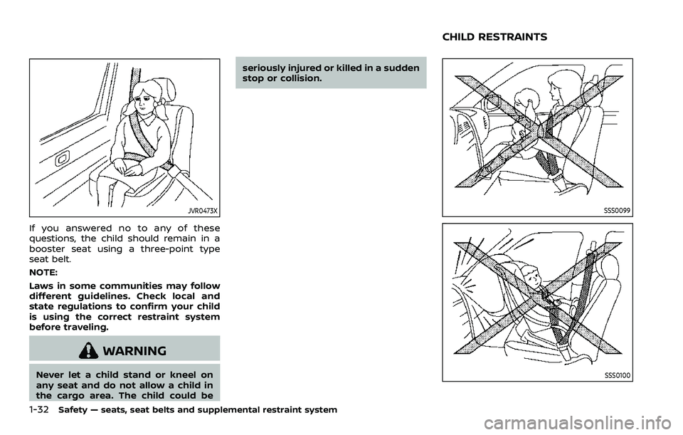 NISSAN ARMADA 2021 Owner´s Manual 1-32Safety — seats, seat belts and supplemental restraint system
JVR0473X
If you answered no to any of these
questions, the child should remain in a
booster seat using a three-point type
seat belt.
NISSAN ARMADA 2021 Owner´s Manual 1-32Safety — seats, seat belts and supplemental restraint system
JVR0473X
If you answered no to any of these
questions, the child should remain in a
booster seat using a three-point type
seat belt.