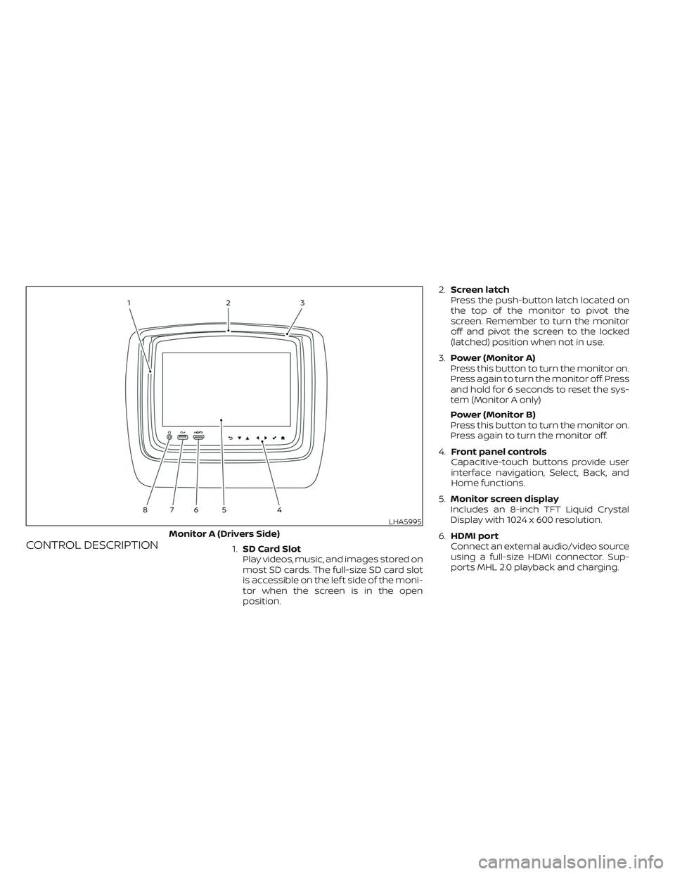 NISSAN ARMADA 2021 Owner´s Manual CONTROL DESCRIPTION1.SD Card Slot
Play videos, music, and images stored on
most SD cards. The full-size SD card slot
is accessible on the lef t side of the moni-
tor when the screen is in the open
pos NISSAN ARMADA 2021 Owner´s Manual CONTROL DESCRIPTION1.SD Card Slot
Play videos, music, and images stored on
most SD cards. The full-size SD card slot
is accessible on the lef t side of the moni-
tor when the screen is in the open
pos