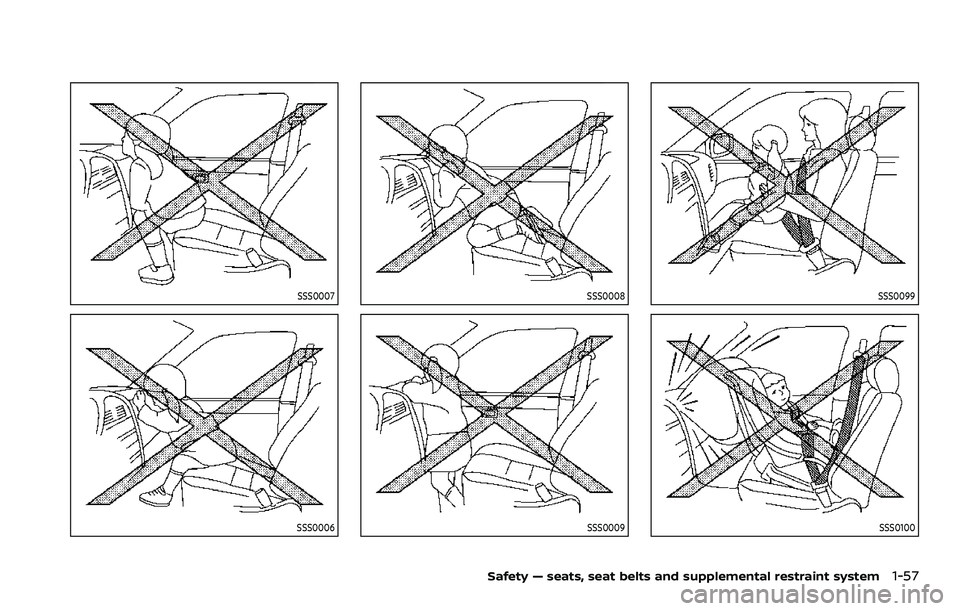 NISSAN ARMADA 2021 Owner´s Manual SSS0007
SSS0006
SSS0008
SSS0009
SSS0099
SSS0100
Safety — seats, seat belts and supplemental restraint system1-57 NISSAN ARMADA 2021 Owner´s Manual SSS0007
SSS0006
SSS0008
SSS0009
SSS0099
SSS0100
Safety — seats, seat belts and supplemental restraint system1-57