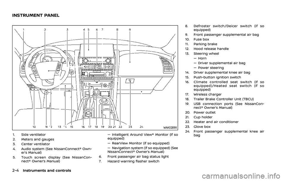 NISSAN ARMADA 2021 Owner´s Manual 2-4Instruments and controls
WAA0289X
1. Side ventilator
2. Meters and gauges
3. Center ventilator
4. Audio system (See NissanConnect® Own-er’s Manual)
5. Touch screen display (See NissanCon- nect® NISSAN ARMADA 2021 Owner´s Manual 2-4Instruments and controls
WAA0289X
1. Side ventilator
2. Meters and gauges
3. Center ventilator
4. Audio system (See NissanConnect® Own-er’s Manual)
5. Touch screen display (See NissanCon- nect®