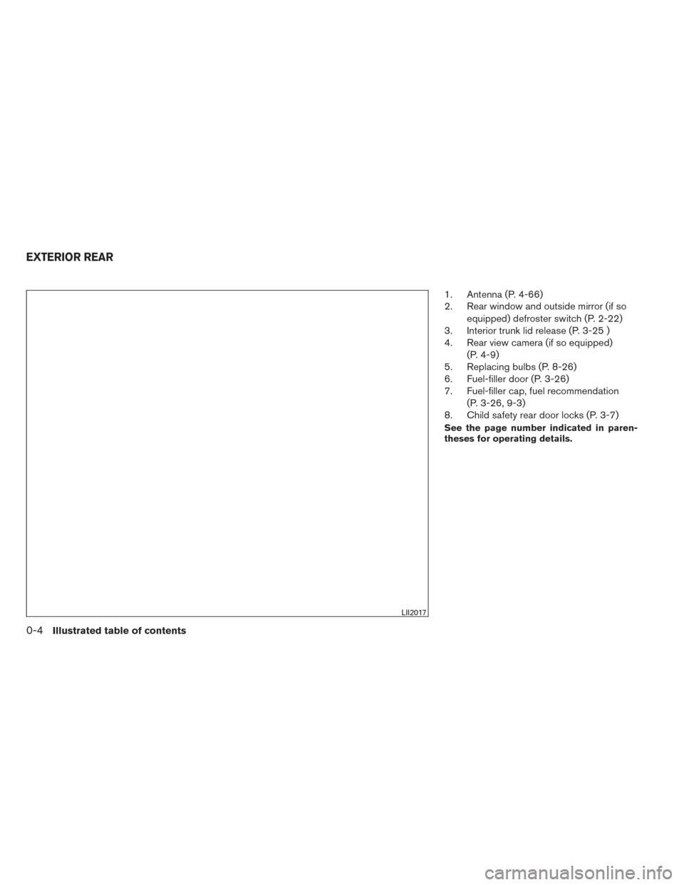 NISSAN VERSA SEDAN 2014 2.G User Guide 1. Antenna (P. 4-66)
2. Rear window and outside mirror (if soequipped) defroster switch (P. 2-22)
3. Interior trunk lid release (P. 3-25 )
4. Rear view camera (if so equipped)
(P. 4-9)
5. Replacing bu NISSAN VERSA SEDAN 2014 2.G User Guide 1. Antenna (P. 4-66)
2. Rear window and outside mirror (if soequipped) defroster switch (P. 2-22)
3. Interior trunk lid release (P. 3-25 )
4. Rear view camera (if so equipped)
(P. 4-9)
5. Replacing bu