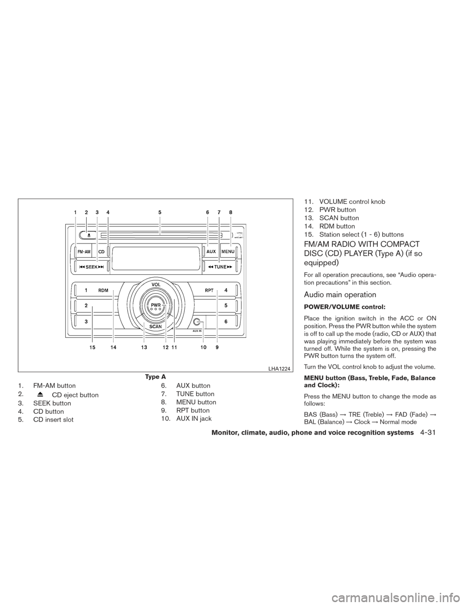 NISSAN VERSA SEDAN 2014 2.G Owners Manual 1. FM-AM button
2.
CD eject button
3. SEEK button
4. CD button
5. CD insert slot 6. AUX button
7. TUNE button
8. MENU button
9. RPT button
10. AUX IN jack11. VOLUME control knob
12. PWR button
13. SCA