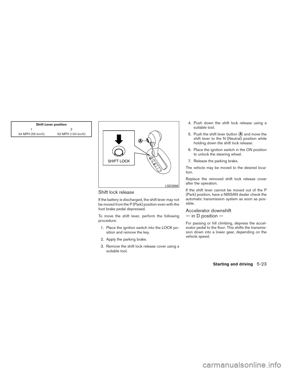 NISSAN VERSA SEDAN 2014 2.G Owners Manual Shift Lever position
12
34 MPH (55 km/h) 62 MPH (100 km/h)
Shift lock release
If the battery is discharged, the shift lever may not
be moved from the P (Park) position even with the
foot brake pedal d