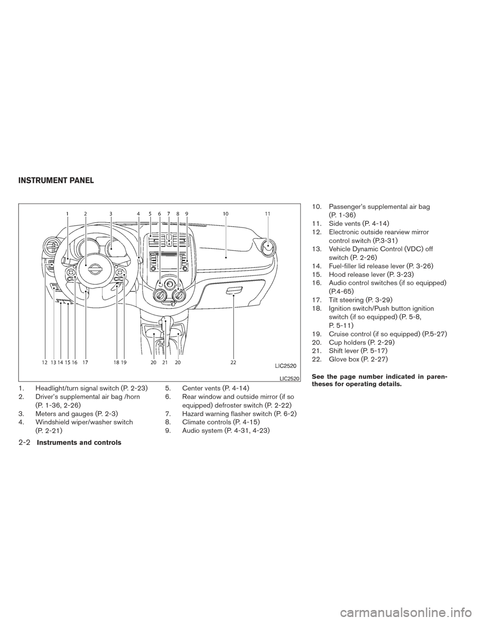 NISSAN VERSA SEDAN 2014 2.G Service Manual 1. Headlight/turn signal switch (P. 2-23)
2. Driver’s supplemental air bag /horn(P. 1-36, 2-26)
3. Meters and gauges (P. 2-3)
4. Windshield wiper/washer switch
(P. 2-21) 5. Center vents (P. 4-14)
6.