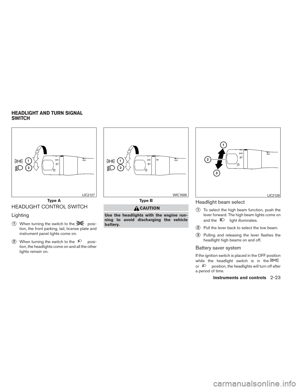 NISSAN VERSA SEDAN 2014 2.G User Guide HEADLIGHT CONTROL SWITCH
Lighting
1When turning the switch to theposi-
tion, the front parking, tail, license plate and
instrument panel lights come on.
2When turning the switch to theposi-
tion, th