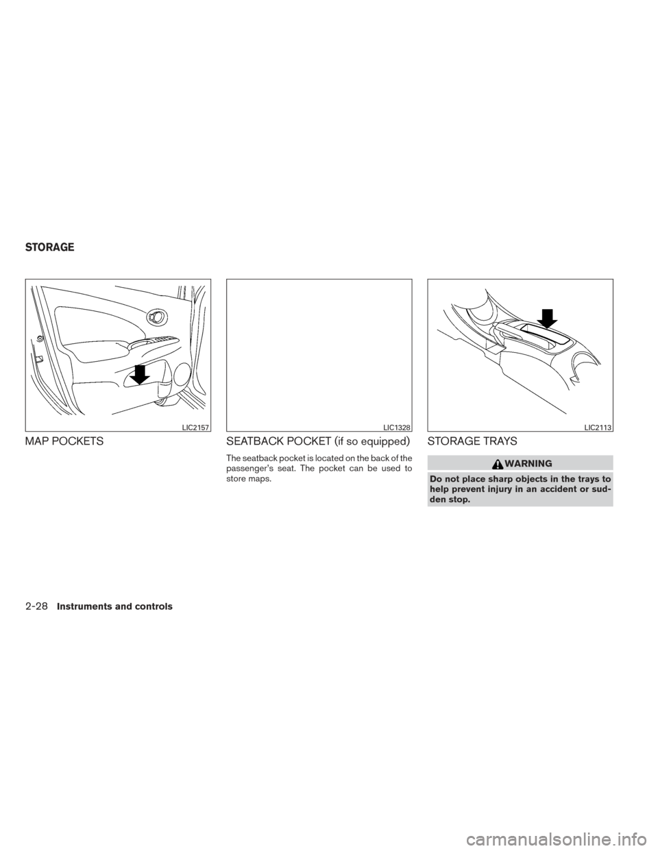 NISSAN VERSA SEDAN 2014 2.G Owners Manual MAP POCKETSSEATBACK POCKET (if so equipped)
The seatback pocket is located on the back of the
passenger’s seat. The pocket can be used to
store maps.
STORAGE TRAYS
WARNING
Do not place sharp objects