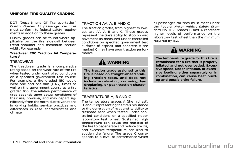 NISSAN ARMADA 2020 Owner´s Manual 10-30Technical and consumer information
DOT (Department Of Transportation)
Quality Grades: All passenger car tires
must conform to federal safety require-
ments in addition to these grades.
Quality gr NISSAN ARMADA 2020 Owner´s Manual 10-30Technical and consumer information
DOT (Department Of Transportation)
Quality Grades: All passenger car tires
must conform to federal safety require-
ments in addition to these grades.
Quality gr