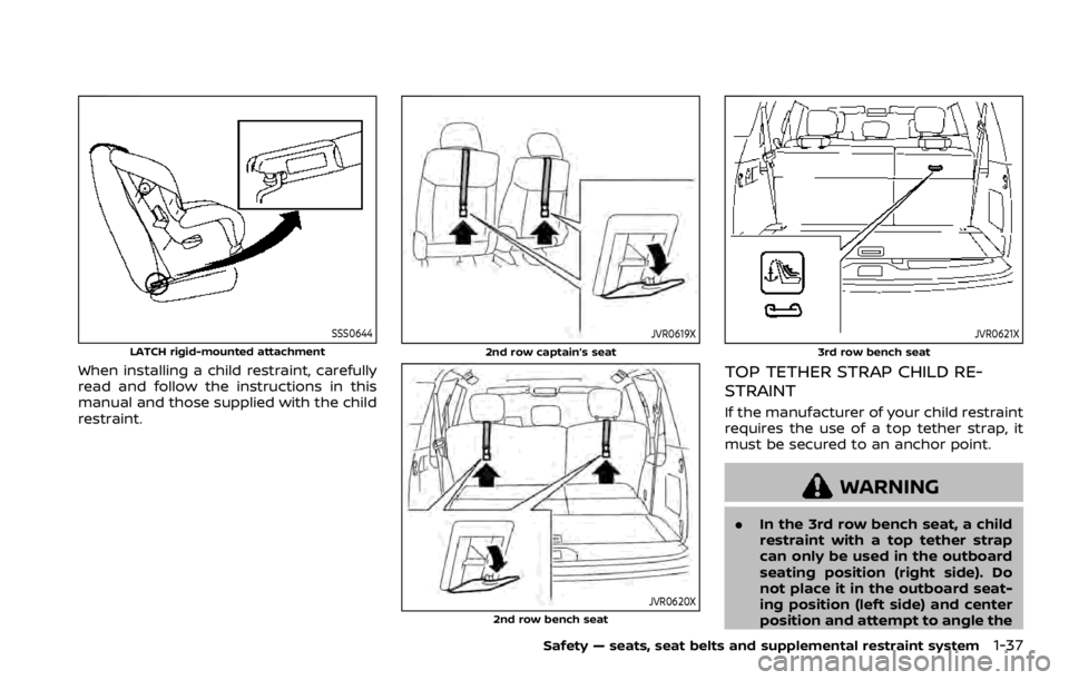 NISSAN ARMADA 2020 Owner´s Manual SSS0644
LATCH rigid-mounted attachment
When installing a child restraint, carefully
read and follow the instructions in this
manual and those supplied with the child
restraint.
JVR0619X
2nd row captai NISSAN ARMADA 2020 Owner´s Manual SSS0644
LATCH rigid-mounted attachment
When installing a child restraint, carefully
read and follow the instructions in this
manual and those supplied with the child
restraint.
JVR0619X
2nd row captai
