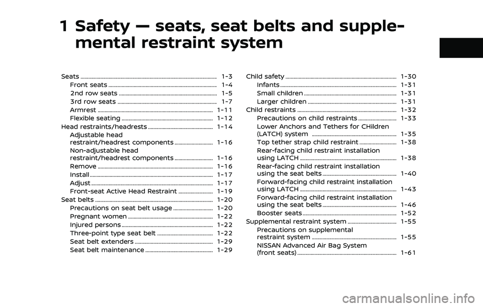 NISSAN ARMADA 2019  Owner´s Manual 1 Safety — seats, seat belts and supple-mental restraint system
Seats ........................................................................\
............................... 1-3
Front seats ......