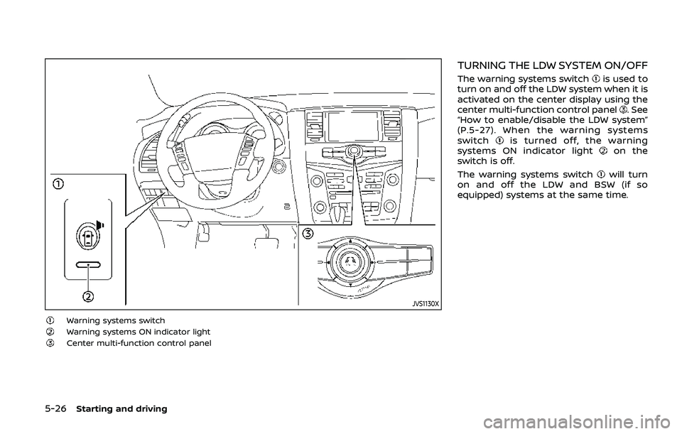 NISSAN ARMADA 2019 Owner´s Manual 5-26Starting and driving
JVS1130X
Warning systems switchWarning systems ON indicator lightCenter multi-function control panel
TURNING THE LDW SYSTEM ON/OFF
The warning systems switchis used to
turn on NISSAN ARMADA 2019 Owner´s Manual 5-26Starting and driving
JVS1130X
Warning systems switchWarning systems ON indicator lightCenter multi-function control panel
TURNING THE LDW SYSTEM ON/OFF
The warning systems switchis used to
turn on