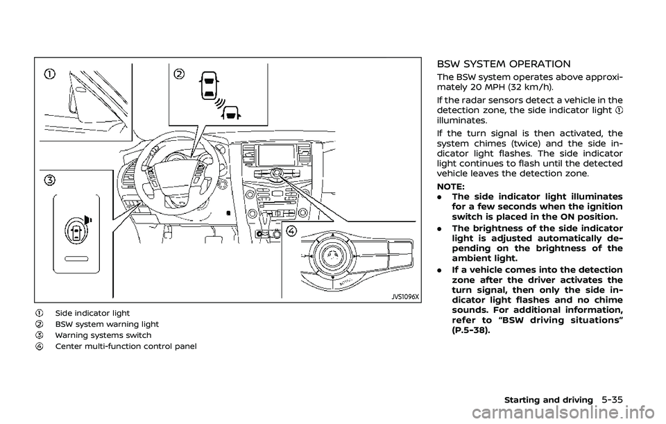 NISSAN ARMADA 2019 Owner´s Manual JVS1096X
Side indicator lightBSW system warning lightWarning systems switchCenter multi-function control panel
BSW SYSTEM OPERATION
The BSW system operates above approxi-
mately 20 MPH (32 km/h).
If t NISSAN ARMADA 2019 Owner´s Manual JVS1096X
Side indicator lightBSW system warning lightWarning systems switchCenter multi-function control panel
BSW SYSTEM OPERATION
The BSW system operates above approxi-
mately 20 MPH (32 km/h).
If t