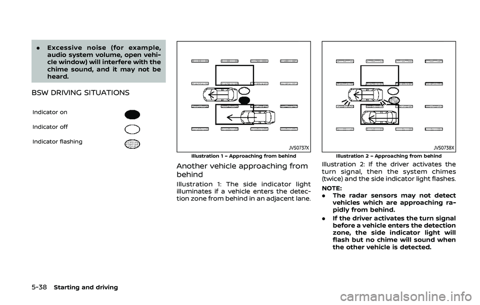 NISSAN ARMADA 2019 Owner´s Manual 5-38Starting and driving
.Excessive noise (for example,
audio system volume, open vehi-
cle window) will interfere with the
chime sound, and it may not be
heard.
BSW DRIVING SITUATIONS
Indicator on
In NISSAN ARMADA 2019 Owner´s Manual 5-38Starting and driving
.Excessive noise (for example,
audio system volume, open vehi-
cle window) will interfere with the
chime sound, and it may not be
heard.
BSW DRIVING SITUATIONS
Indicator on
In
