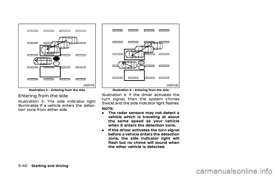 NISSAN ARMADA 2019 Owner´s Manual 5-40Starting and driving
JVS0741X
Illustration 5 – Entering from the side
Entering from the side
Illustration 5: The side indicator light
illuminates if a vehicle enters the detec-
tion zone from ei NISSAN ARMADA 2019 Owner´s Manual 5-40Starting and driving
JVS0741X
Illustration 5 – Entering from the side
Entering from the side
Illustration 5: The side indicator light
illuminates if a vehicle enters the detec-
tion zone from ei